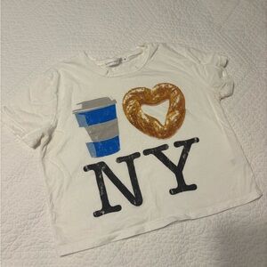 Altar'd State White XS Tee with Pretzel & Blue Coffee Cup Graphic